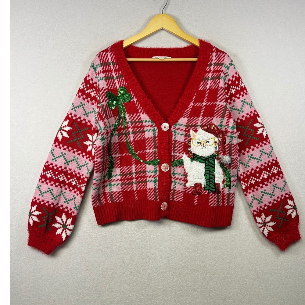 Celebrate Together Womens Red Plaid‎ Cat Christmas Ugly Sweater Cardigan Large